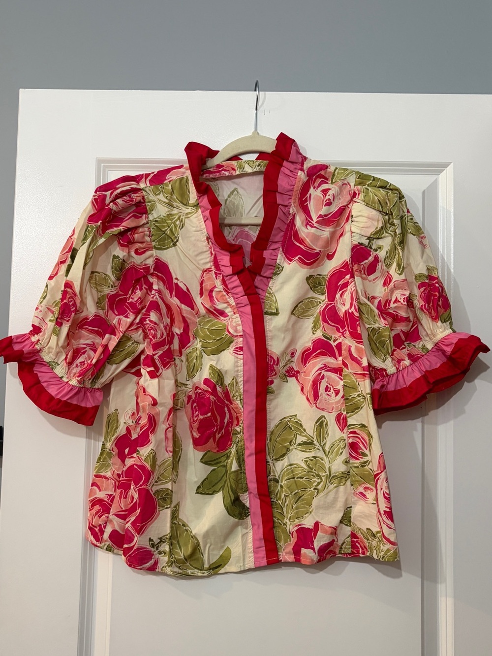 Pink and Cream Floral Ruffle-Trim Blouse